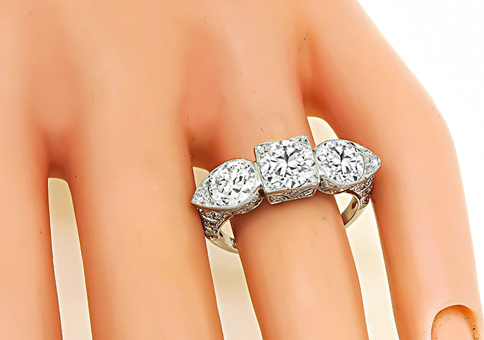 Vintage GIA 1.06ct Center Diamond 0.75ct and 0.77ct Side Diamond Engagement Ring