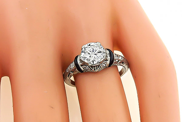 Antique GIA Certified 1.10ct Diamond Onyx Art Deco Engagement Ring