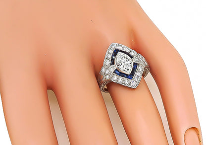 Vintage GIA Certified 1.10ct Diamond Sapphire Engagement Ring