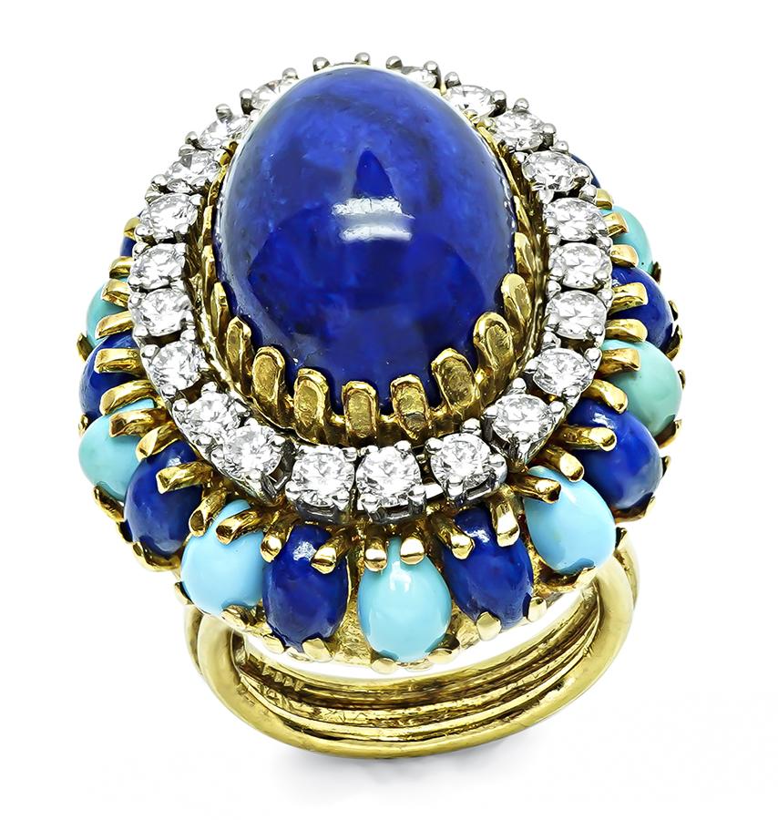 Vintage Lapis 1.50ct Diamond Turquoise Gold Ring