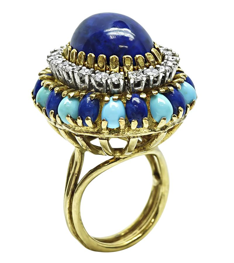 Vintage Lapis 1.50ct Diamond Turquoise Gold Ring