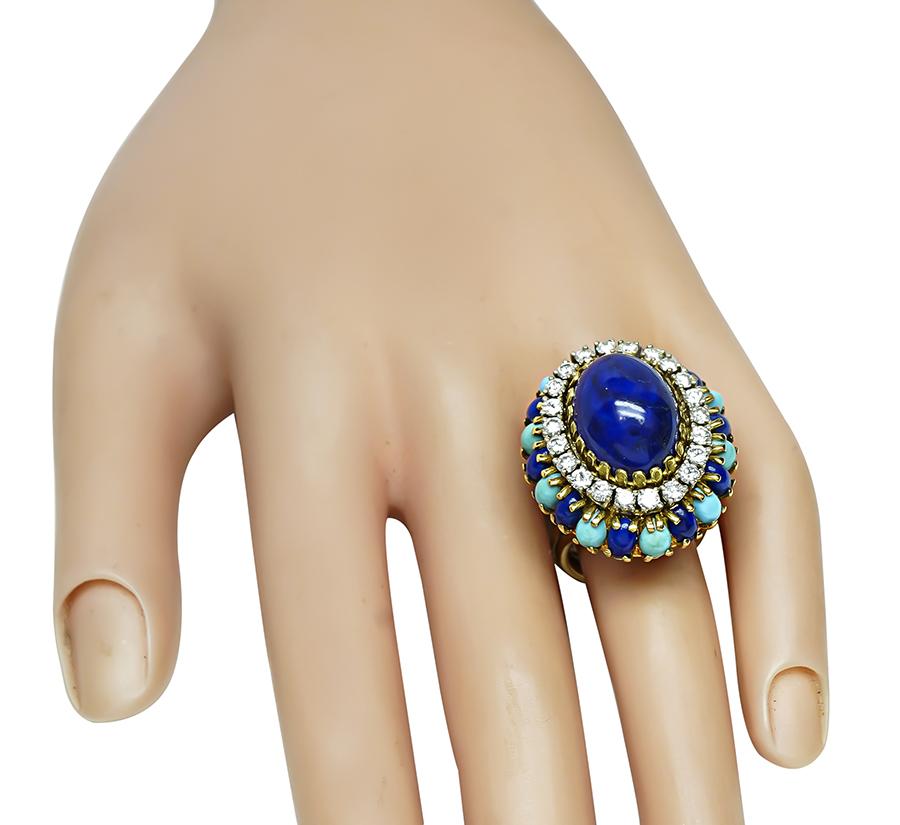 Vintage Lapis 1.50ct Diamond Turquoise Gold Ring