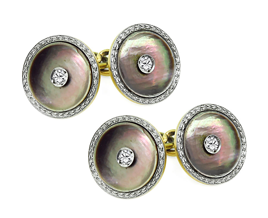 Vintage Mother of Pearl Diamond Gold Cufflinks