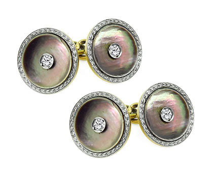 Vintage Mother of Pearl Diamond Gold Cufflinks