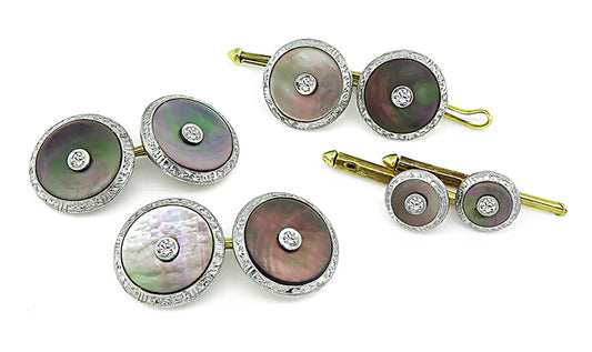 Vintage Mother of Pearl Diamond Yellow Gold and Platinum Tuxedo Set