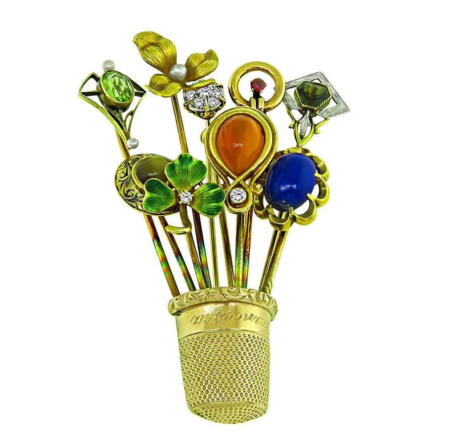 Victorian Diamond Multi Color Gemstone Enamel Gold Thimble Basket Pin
