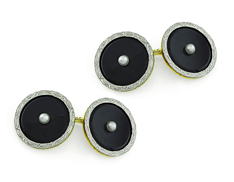 Vintage Onyx Pearl Gold Cufflinks
