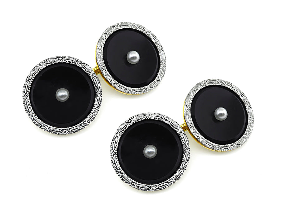 Vintage Onyx Pearl Gold Cufflinks