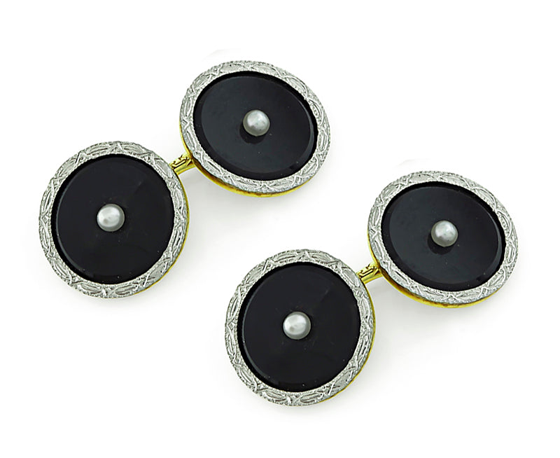 Vintage Onyx Pearl Gold Cufflinks