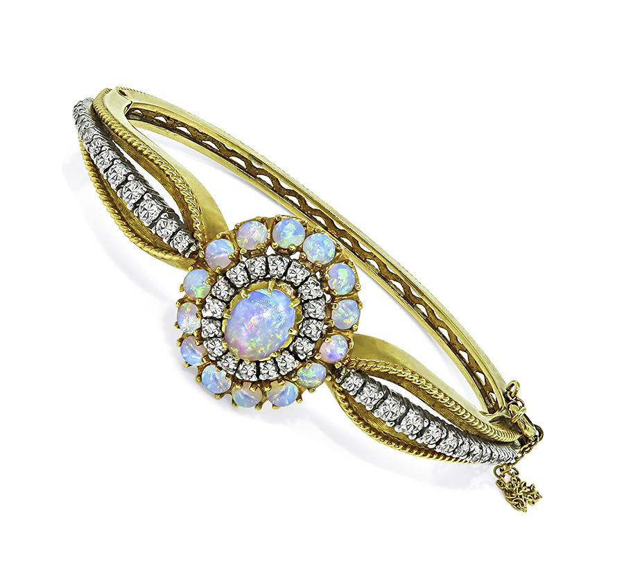 1960s Opal 2.00ct Diamond 14k Yellow and White Gold Bangle