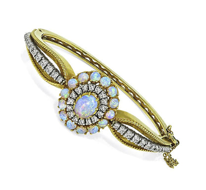 1960s Opal 2.00ct Diamond 14k Yellow and White Gold Bangle