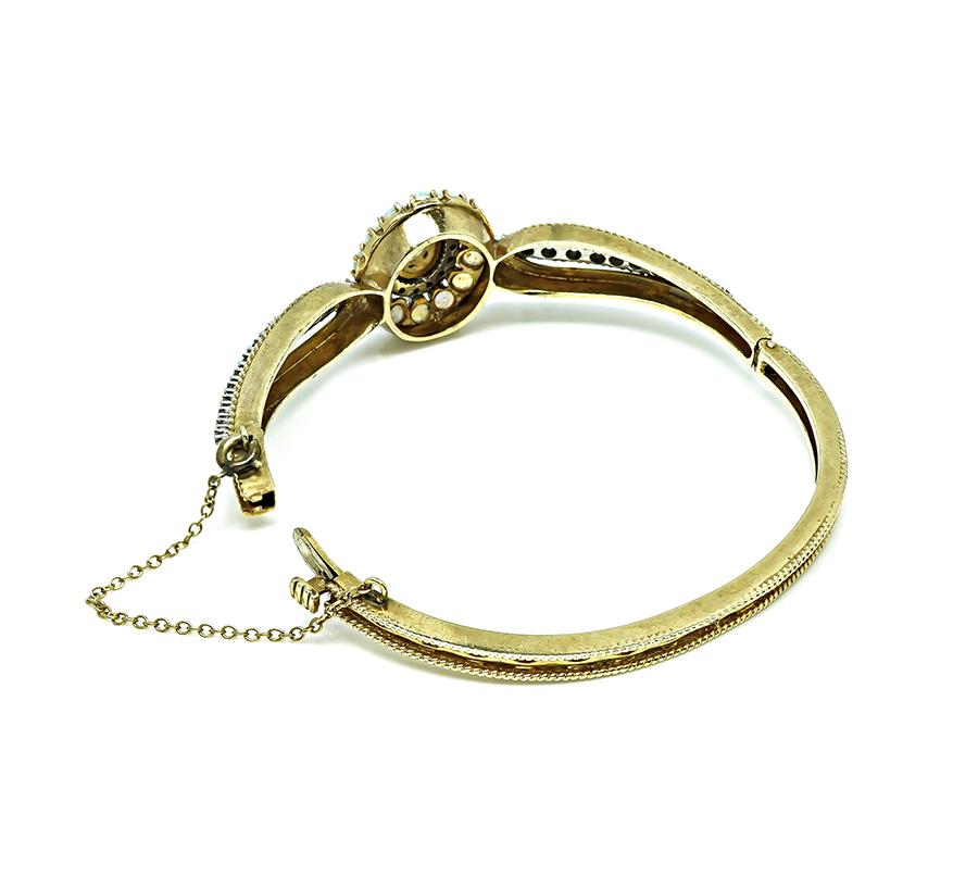 1960s Opal 2.00ct Diamond 14k Yellow and White Gold Bangle