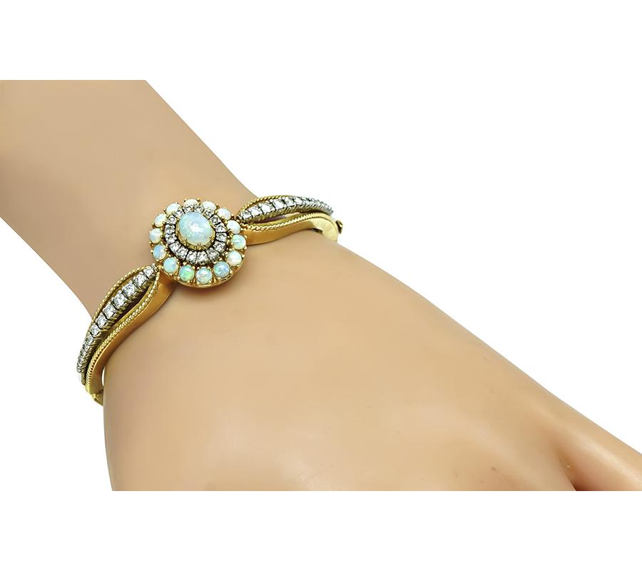 1960s Opal 2.00ct Diamond 14k Yellow and White Gold Bangle