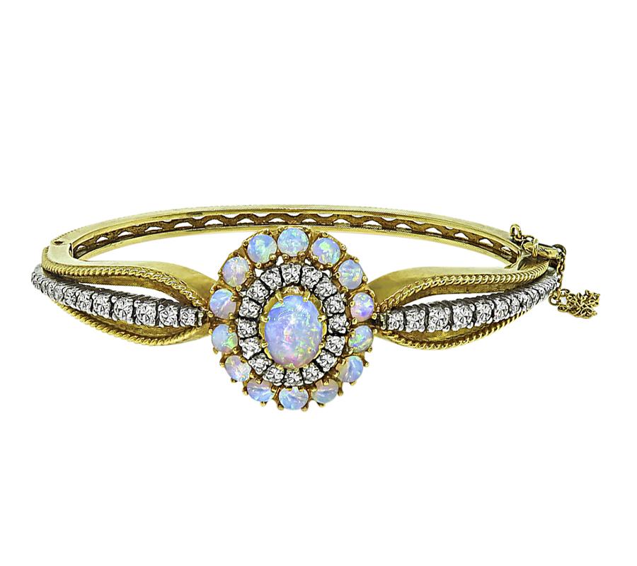 1960s Opal 2.00ct Diamond 14k Yellow and White Gold Bangle