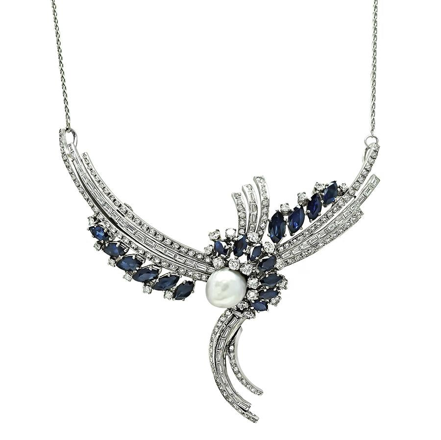 Vintage 5.50ct Diamond 12.00ct Sapphire Pearl Pin Pendant Necklace