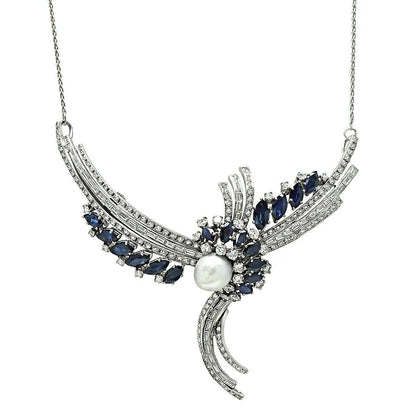 Vintage 5.50ct Diamond 12.00ct Sapphire Pearl Pin Pendant Necklace