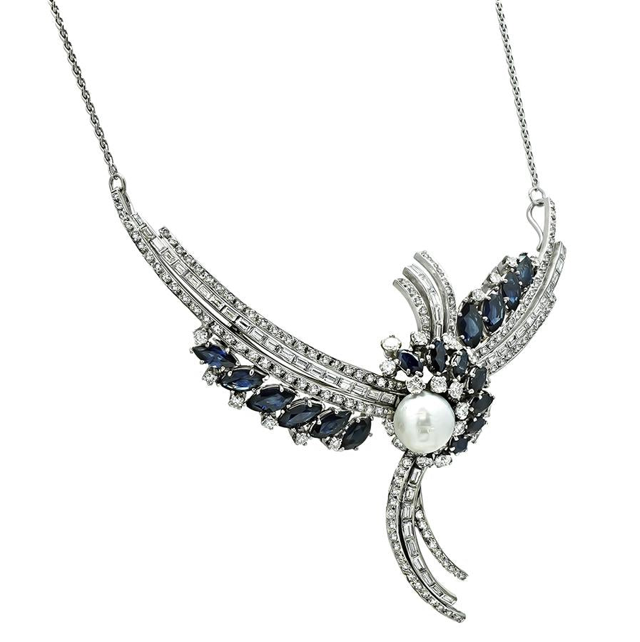Vintage 5.50ct Diamond 12.00ct Sapphire Pearl Pin Pendant Necklace