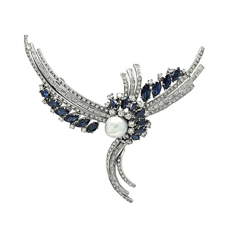 Vintage 5.50ct Diamond 12.00ct Sapphire Pearl Pin Pendant Necklace