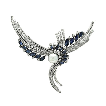 Vintage 5.50ct Diamond 12.00ct Sapphire Pearl Pin Pendant Necklace