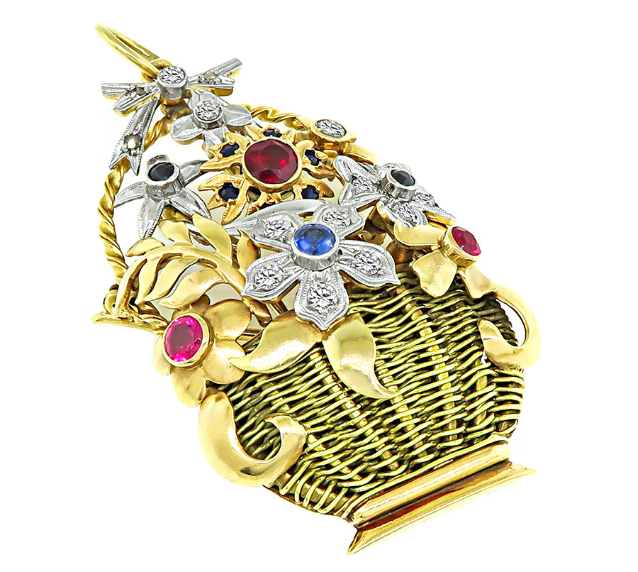 Retro Multi Color Gemstone Pink and Green Gold Basket Pin / Pendant