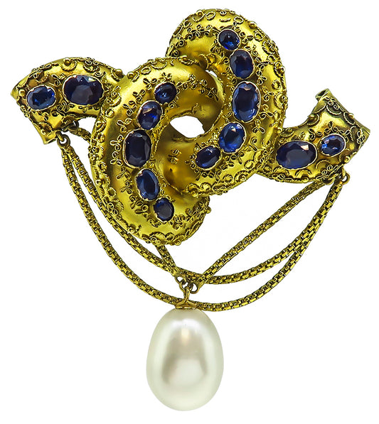 Victorian 6.00ct Sapphire Pearl Gold Pin