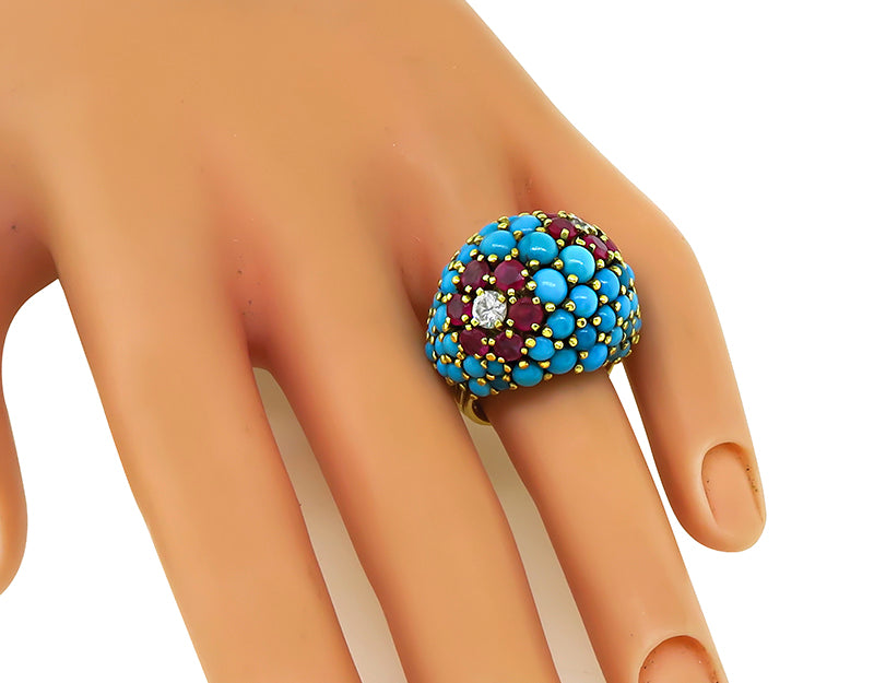 1960s 2.50ct Ruby 0.45ct Diamond Turquoise Gold Ring