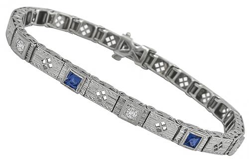 Round Cut Diamond Sapphire 14k White Gold Filigree Bracelet