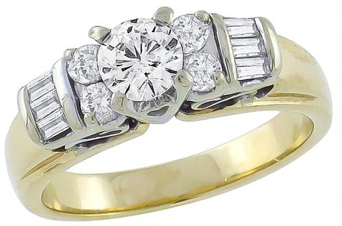 Round Cut Center Diamond Baguette and Round Cut Side Diamond 14k Yellow And White Gold Ring