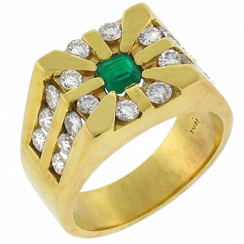 Estate 0.50ct Asscher Emerald 1.75ct Round Cut  Diamond  Gold Men's Ring