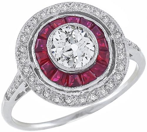 Old Mine Cut Diamond Baguette Cut Ruby 18k White Gold Engagement Ring