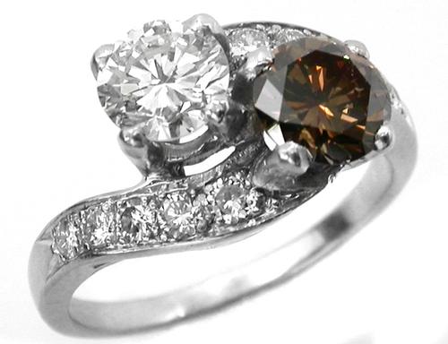 0.75ct Round Natural Fancy Brown and 0.64ct Round White Diamond Platinum Ring