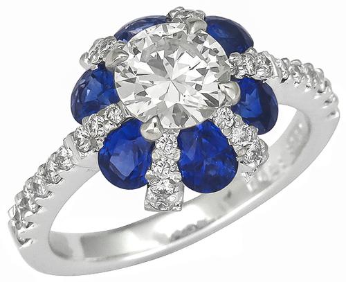 GIA Certified Round Brilliant Cut Diamond Pear Shape Sapphire 18k White Gold Engagement Ring