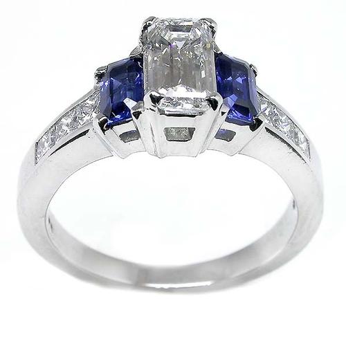 Beautiful Blue Sapphire Engagement Ring Platinum Baguette Diamonds