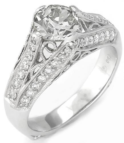 0.91ct Old European Cut Diamond 0.50ct Round Cut Diamond 18k White Gold Engagement Ring