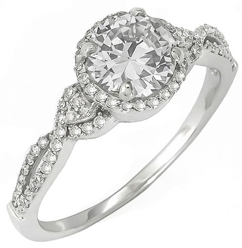EGL certified 0.97ct Old European Cut Diamond 0.35ct Round Cut Diamond 14k White Gold Engagement Ring