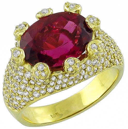 Oval Cut Pink Tourmaline Round Cut Diamond 18k Yellow Gold Ring