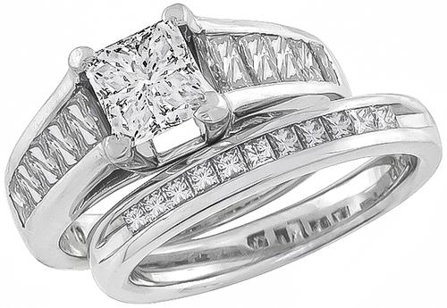 GIA Certified Princess Cut Center Diamond Platinum Engagement Ring and 14k White Gold Wedding Band Set