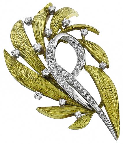 Round Cut Diamond 18k Yellow and White Gold Olive Leaves Pin