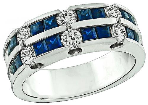 Square Cut Sapphire Round Cut Diamond 14k White Gold Wedding Band