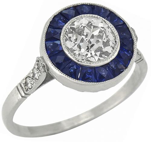 GIA Certified Diamond French Cut Sapphire Platinum Engagement Ring