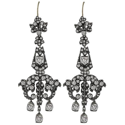 Antique Old Mine Cut Diamond Silver Chandelier Earrings