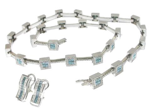 Round and Princess Cut White and Blue Diamond 18k White Gold Necklace and Earrings Set