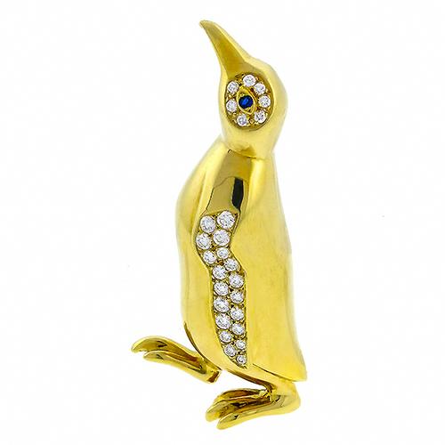 Estate 1.20ct Round Cut  Diamond 18k Yellow Gold Penguine Pin By Gemlok