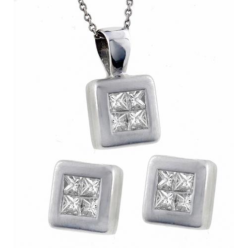 Princess Cut Diamond 14k White Gold Pendant & Earrings Set