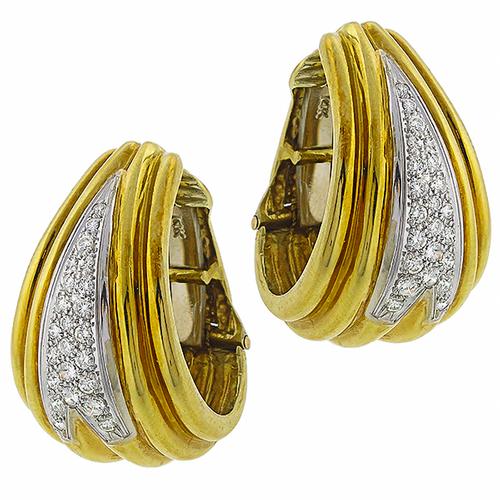 Estate 1.25ct Round Cut Diamond 14k Yellow & White Gold Tapering Huggies  Earrings 