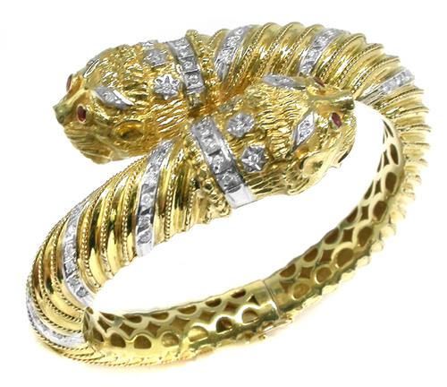 1.25ct Diamond & Ruby 18k Yellow Gold Twin Head Lion Bangle