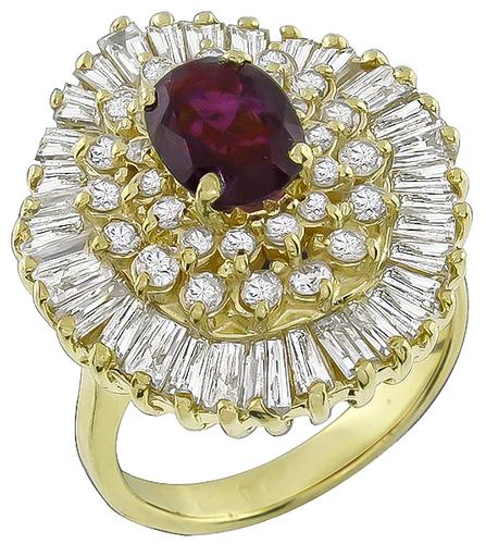 Oval Cut Ruby Round and Baguette Cut Diamond 14k Yellow Gold Ring