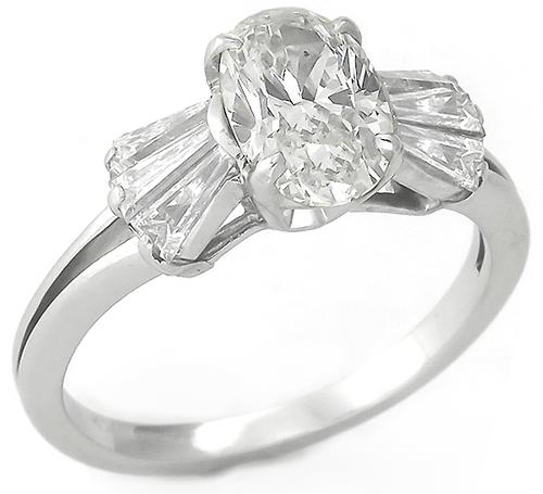 1.36ct Oval Cut Diamond 0.50ct Baguette Cut Diamond Platinum Engagement Ring GIA Certified