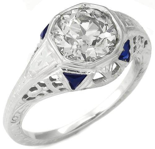 EGLCertified 1.39ct Old European Cut Diamond Sapphire 14k White Gold Engagement Ring