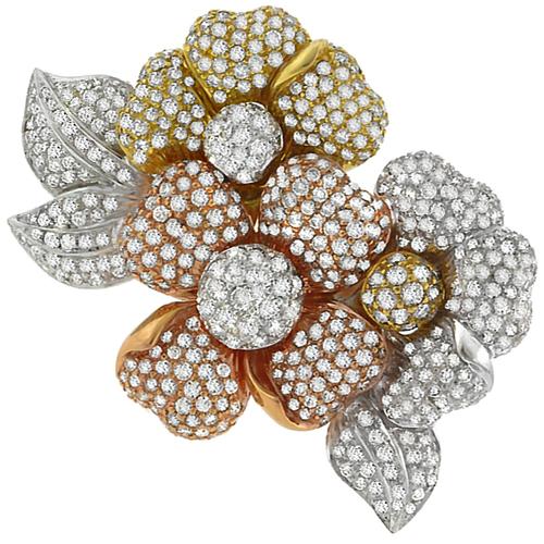 Estate 15.00ct Round Cut Diamond 18k Yellow Pink & White Gold Floral Pin 